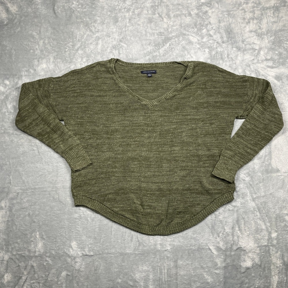 American Eagle Lightweight Sweater Womens Olive Green V-Neck Curved Hem Marled L